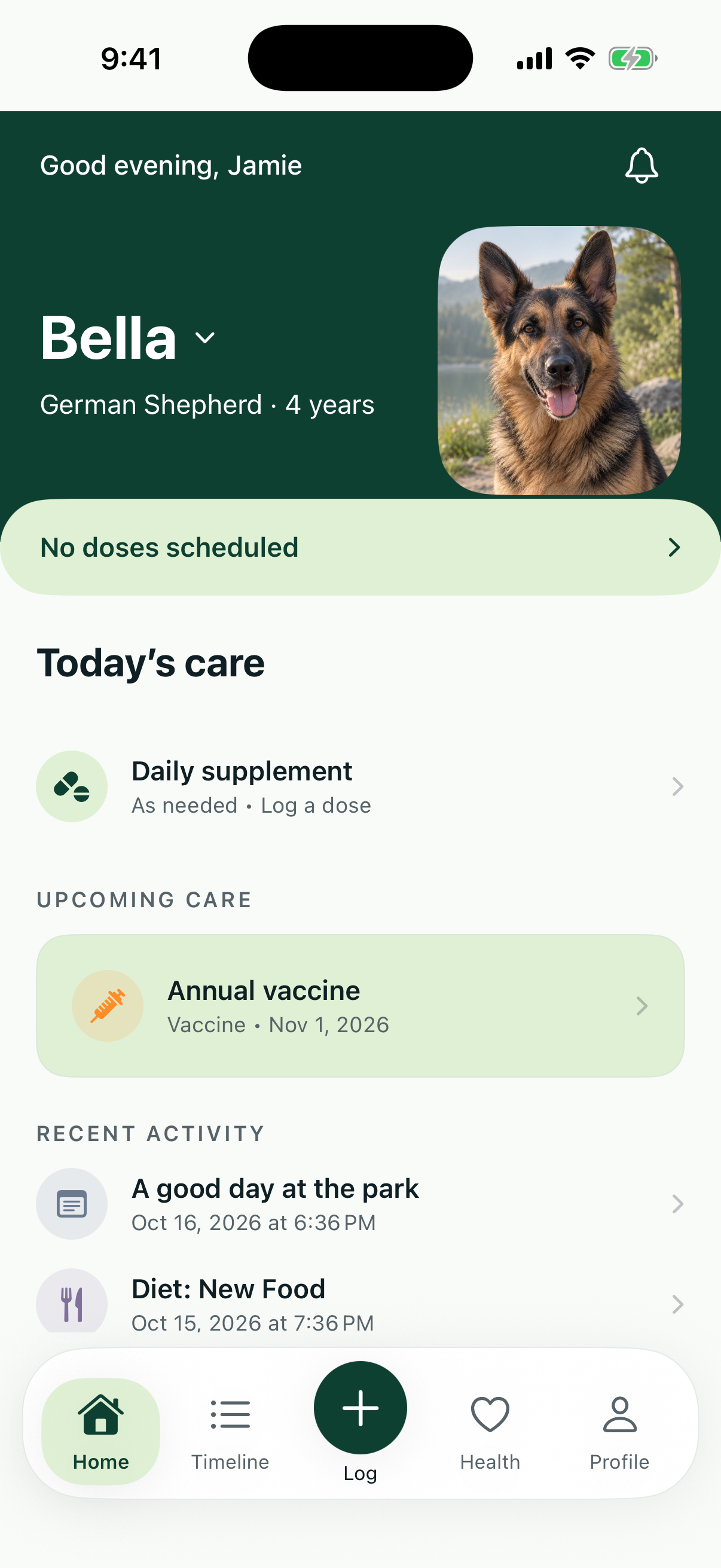 Actual Tracks Home screen in iPhone Simulator, showing fictional Bella, today's care, upcoming care, and recent activity